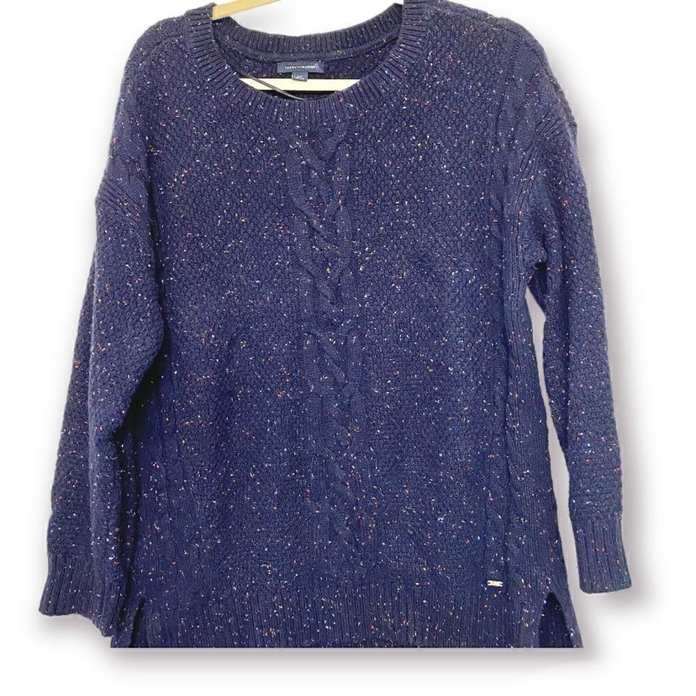 Tommy Hilfiger Navy Blue Speckled crew neck Sweater side slit Cotton blend-L